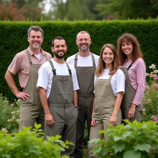 Groupe de jardiniers souriants Vert Jardin posant devant un jardin entretenu